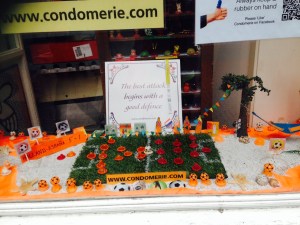 Window display of condoms.
